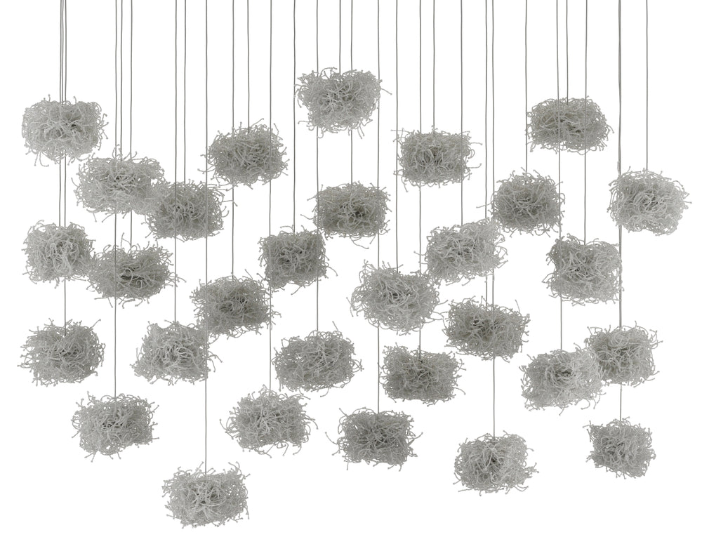 Birds Nest 30-Light Multi-Drop Pendant - Whimsical Beaded Design, Adjustable Height, Silver Finish