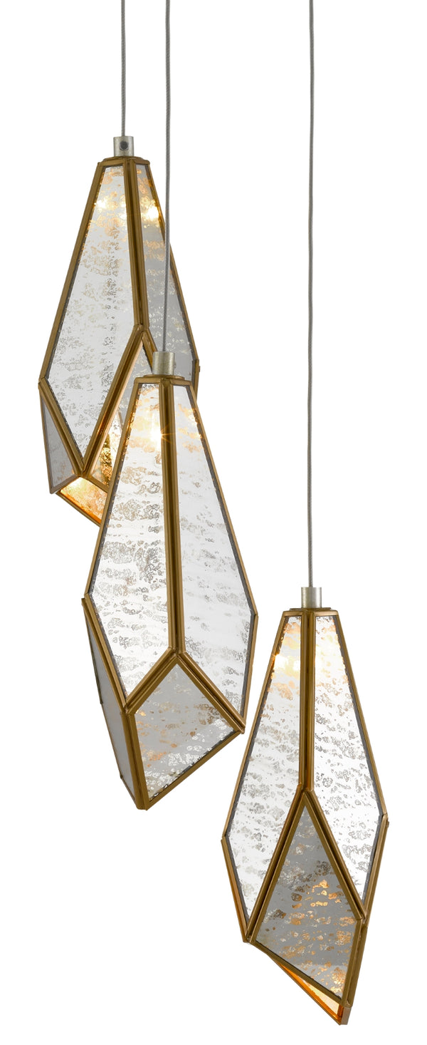 Glace 3-Light Multi-Drop Pendant: Elegant Brass & Raj Mirror Design with Adjustable Heights for Any Space
