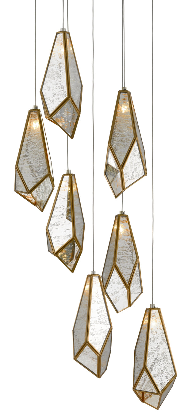 Glace 7-Light Multi-Drop Pendant: Elegant Brass & Raj Mirror Fixture for Stunning Interior Spaces