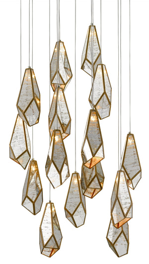Glace Round 15-Light Multi-Drop Pendant - Elegant Brass & Raj Mirror Fixture for Stunning Spaces