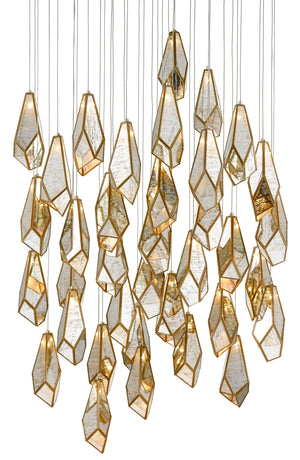 Glace 36-Light Multi-Drop Pendant: Elegant Brass & Raj Mirror Fixture with Adjustable Heights for Any Space