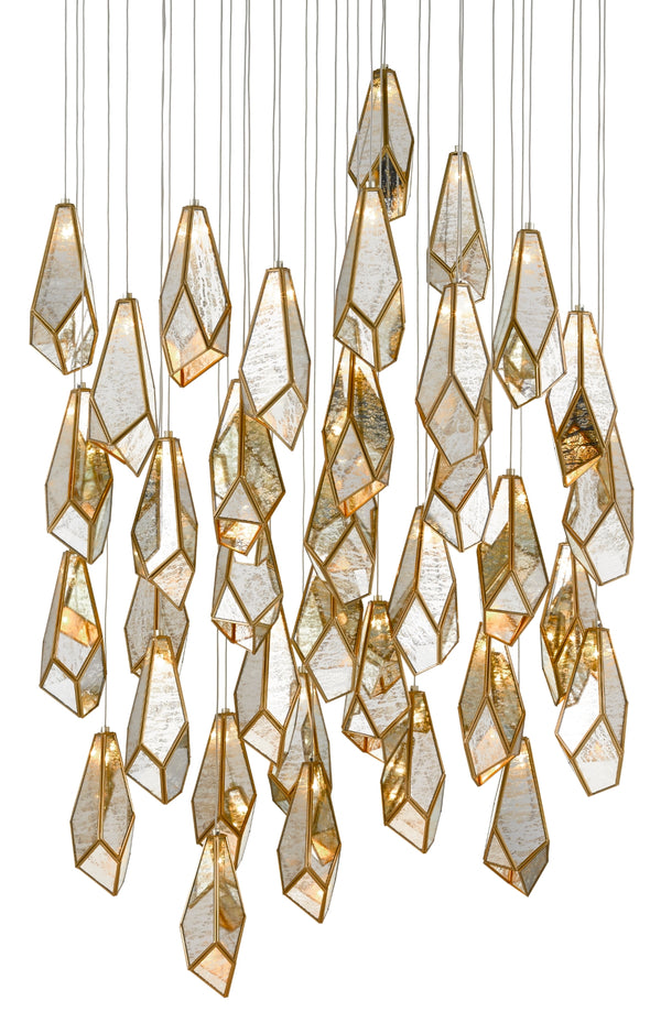 Glace 36-Light Multi-Drop Pendant: Elegant Brass & Raj Mirror Fixture with Adjustable Heights for Any Space