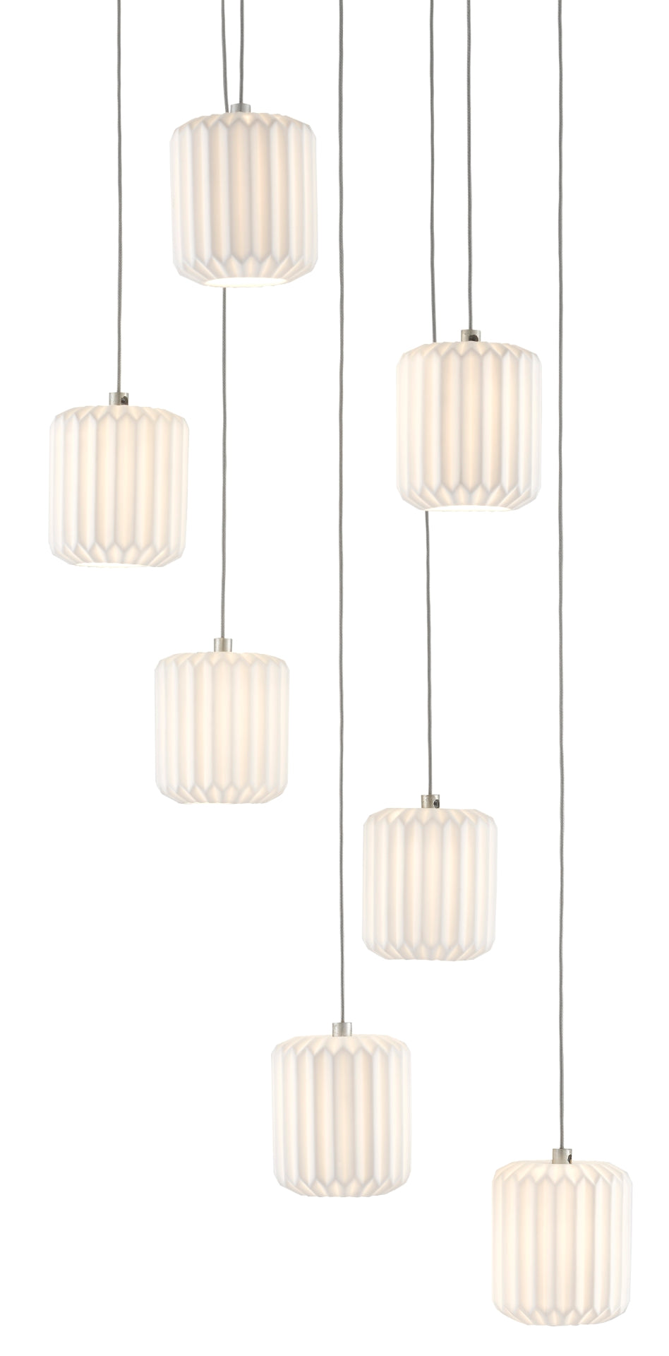 Dove 7-Light Multi-Drop Pendant Light Fixture with Pleated Ceramic Shades for Elegant Illumination