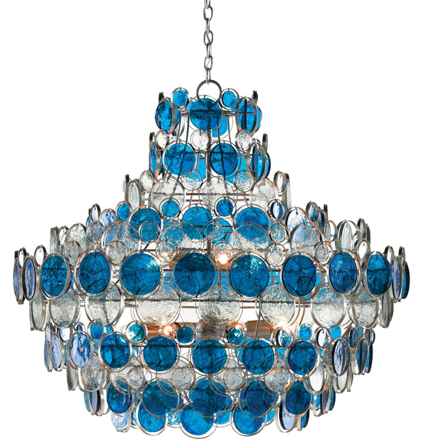 Galahad Blue Chandelier - Stunning Recycled Glass Design with Wrought Iron Frame for Elegant Spaces