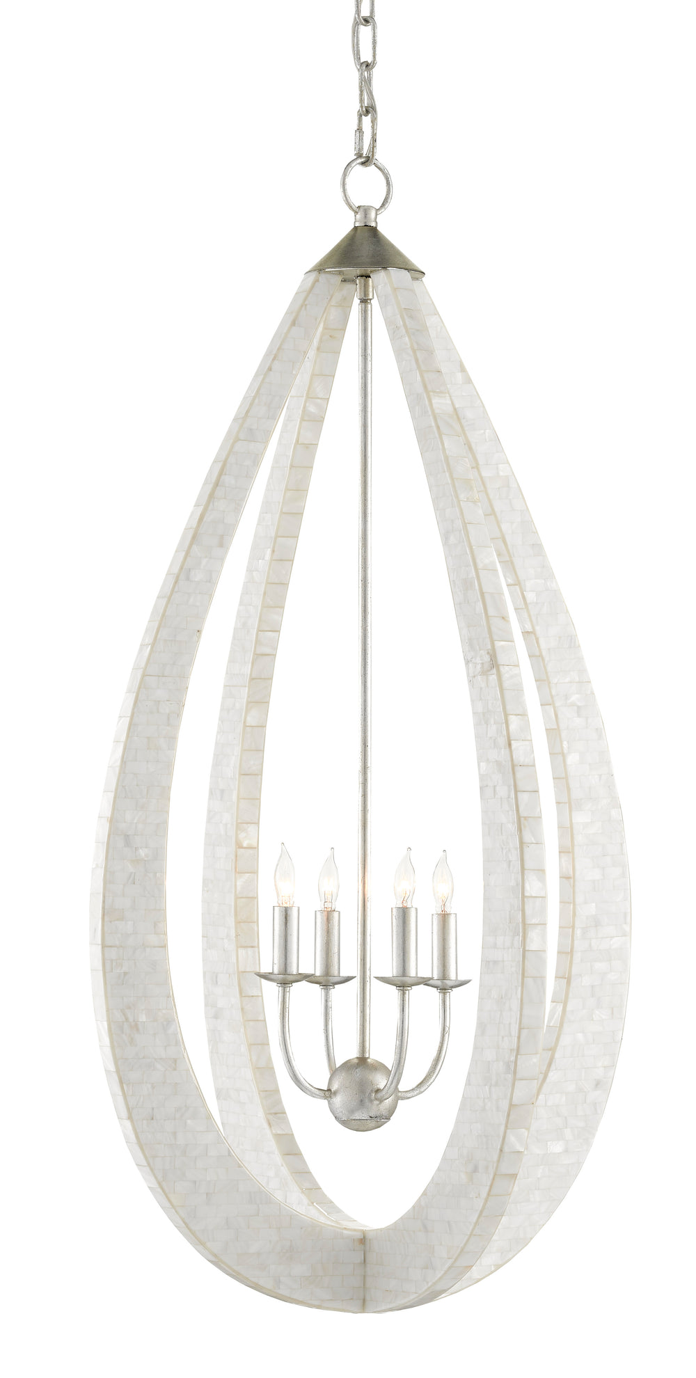 Arietta Teardrop Chandelier - Handcrafted Mother-of-Pearl Mosaic, Elegant Silver Leaf Finish, Adjustable