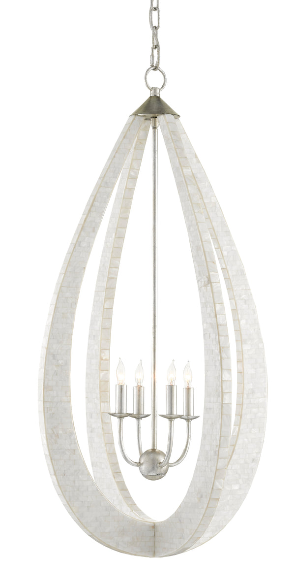 Arietta Teardrop Chandelier - Handcrafted Mother-of-Pearl Mosaic, Elegant Silver Leaf Finish, Adjustable