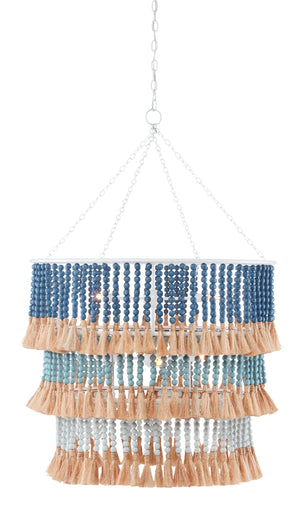 St. Barts Blue Chandelier - Handcrafted Wood Bead Lighting, Ocean-Inspired Elegance for Any Space