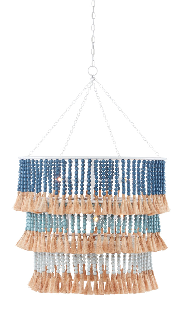 St. Barts Blue Chandelier - Handcrafted Wood Bead Lighting, Ocean-Inspired Elegance for Any Space