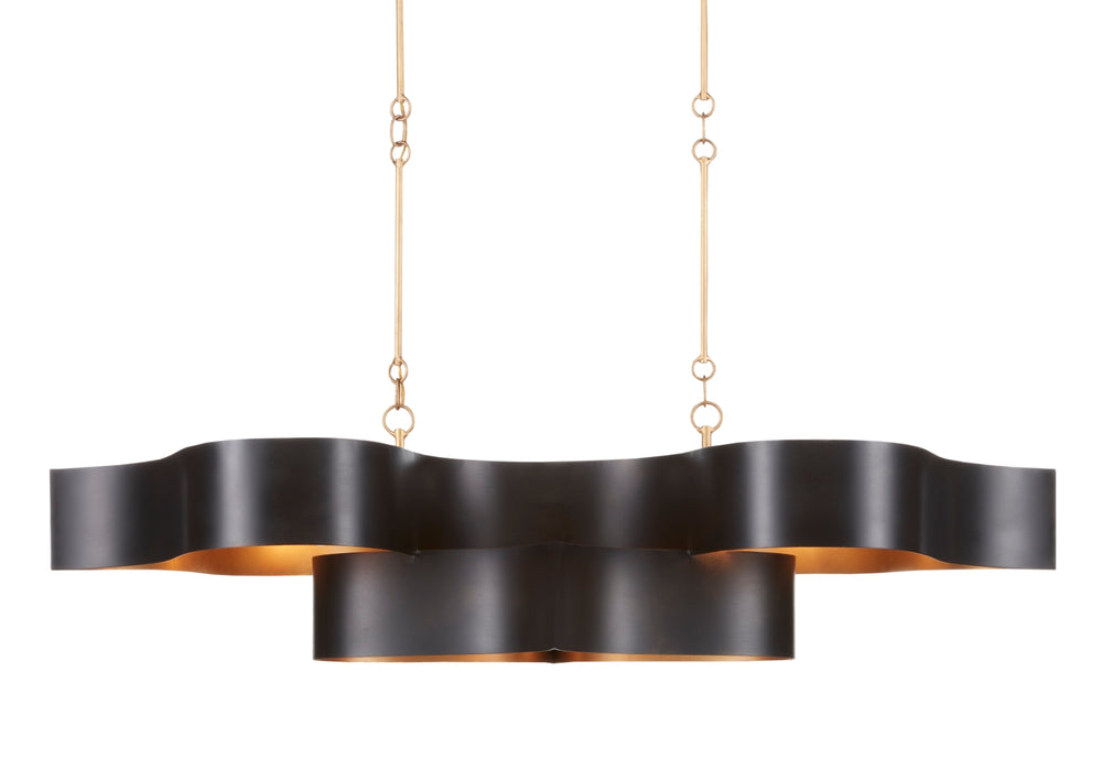 Grand Lotus Black Oval Chandelier - Elegant Wrought Iron Design with Gold Leaf Finish, 6 Lights