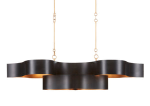 Grand Lotus Black Oval Chandelier - Elegant Wrought Iron Design with Gold Leaf Finish, 6 Lights