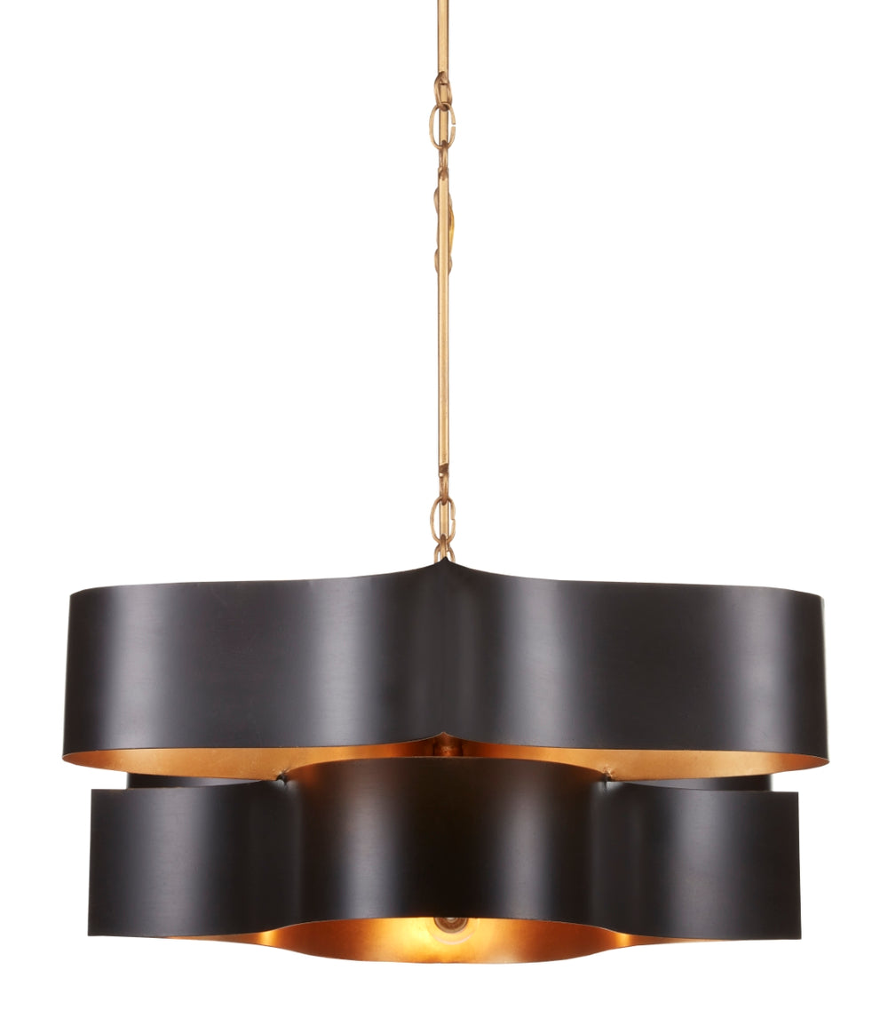Grand Lotus Black Oval Chandelier - Elegant Wrought Iron Design with Gold Leaf Finish, 6 Lights