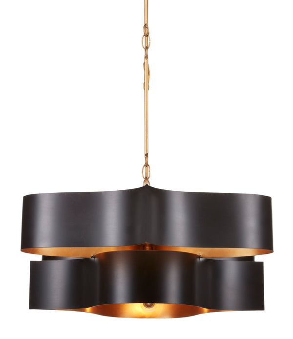 Grand Lotus Black Oval Chandelier - Elegant Wrought Iron Design with Gold Leaf Finish, 6 Lights