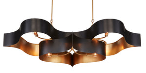 Grand Lotus Black Oval Chandelier - Elegant Wrought Iron Design with Gold Leaf Finish, 6 Lights