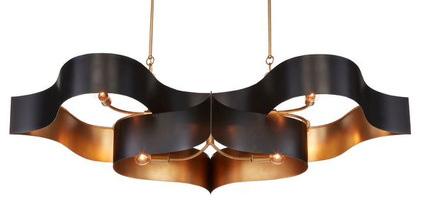 Grand Lotus Black Oval Chandelier - Elegant Wrought Iron Design with Gold Leaf Finish, 6 Lights