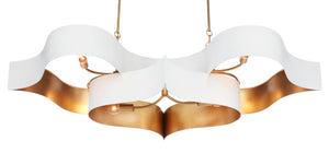 Grand Lotus White Oval Chandelier - Elegant Wrought Iron Design with Gold Leaf Finish, Adjustable Height