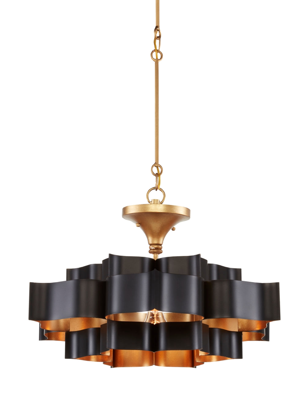 Grand Lotus Black Small Chandelier - Elegant Wrought Iron Design with Satin Black & Gold Leaf Finish