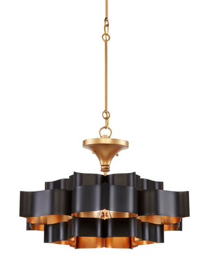 Grand Lotus Black Small Chandelier - Elegant Wrought Iron Design with Satin Black & Gold Leaf Finish