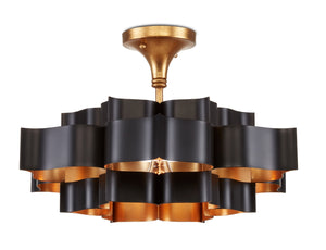 Grand Lotus Black Small Chandelier - Elegant Wrought Iron Design with Satin Black & Gold Leaf Finish