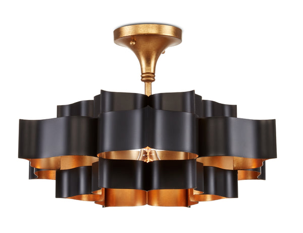 Grand Lotus Black Small Chandelier - Elegant Wrought Iron Design with Satin Black & Gold Leaf Finish