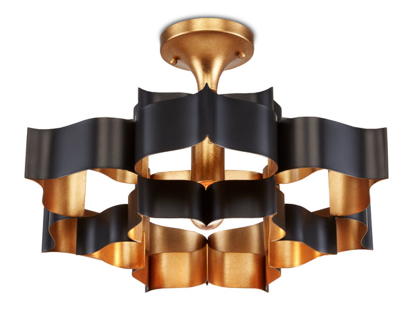 Grand Lotus Black Small Chandelier - Elegant Wrought Iron Design with Satin Black & Gold Leaf Finish