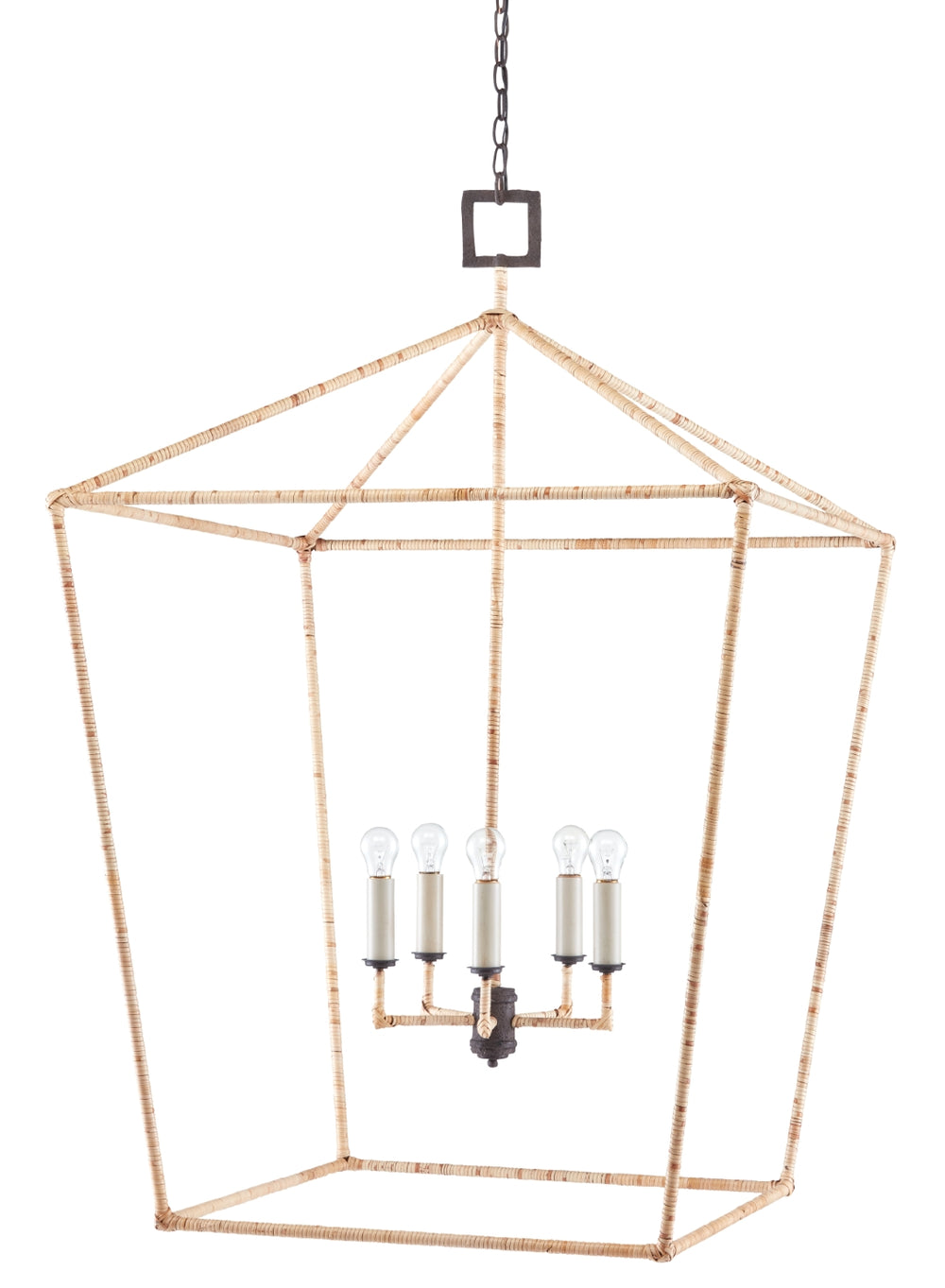 Denison Rattan Grande Lantern Chandelier - Stylish Wrought Iron & Natural Rattan for Elegant Spaces