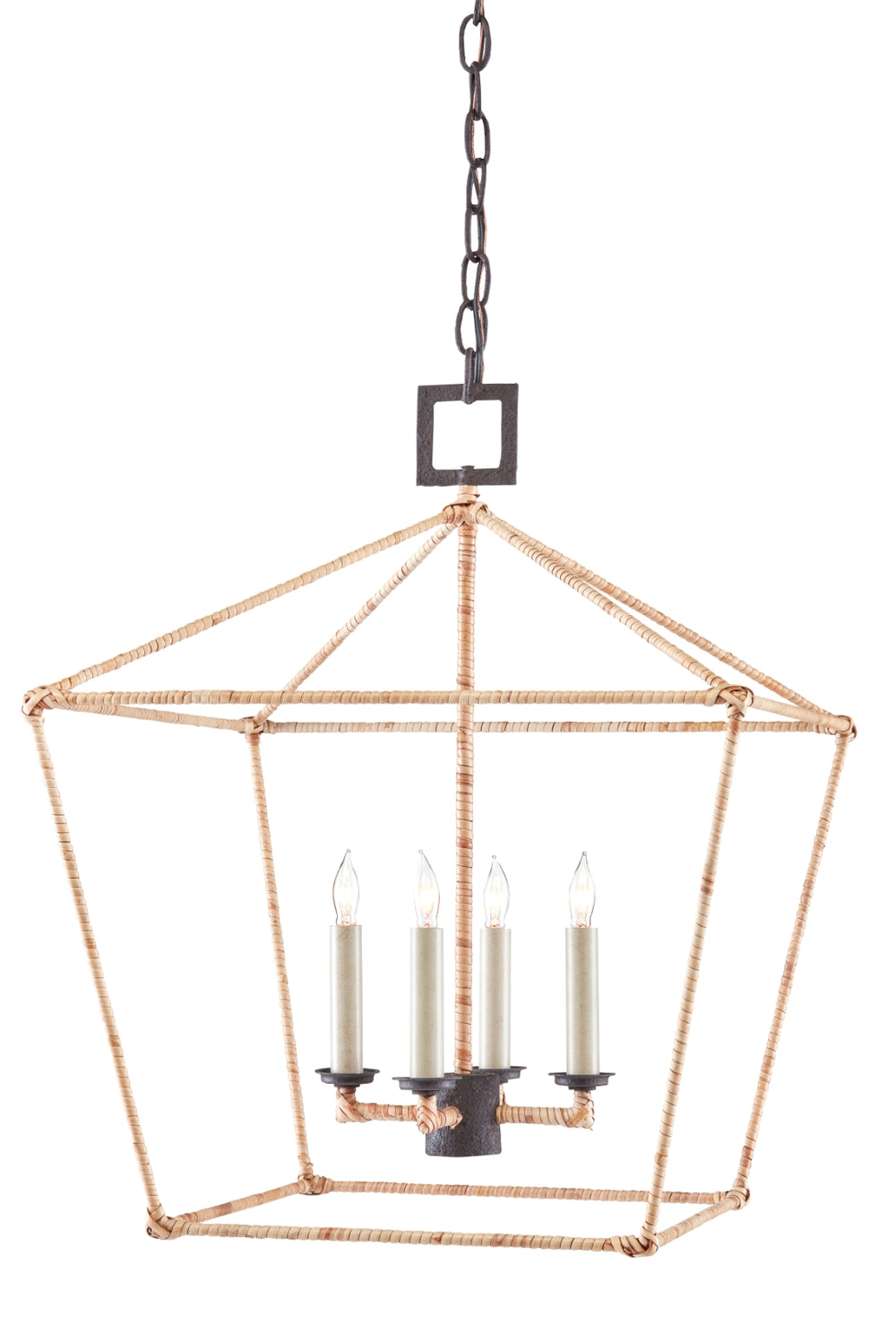 Denison Rattan Medium Lantern - Elegant Hammered Wrought Iron Chandelier in Mole Black Finish