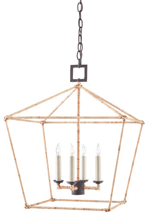 Denison Rattan Medium Lantern - Elegant Hammered Wrought Iron Chandelier in Mole Black Finish