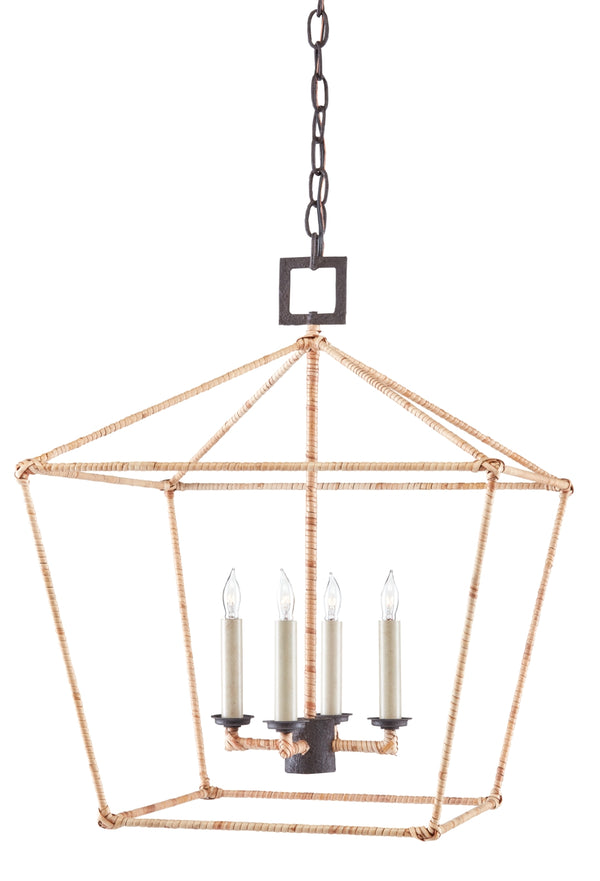 Denison Rattan Medium Lantern - Elegant Hammered Wrought Iron Chandelier in Mole Black Finish