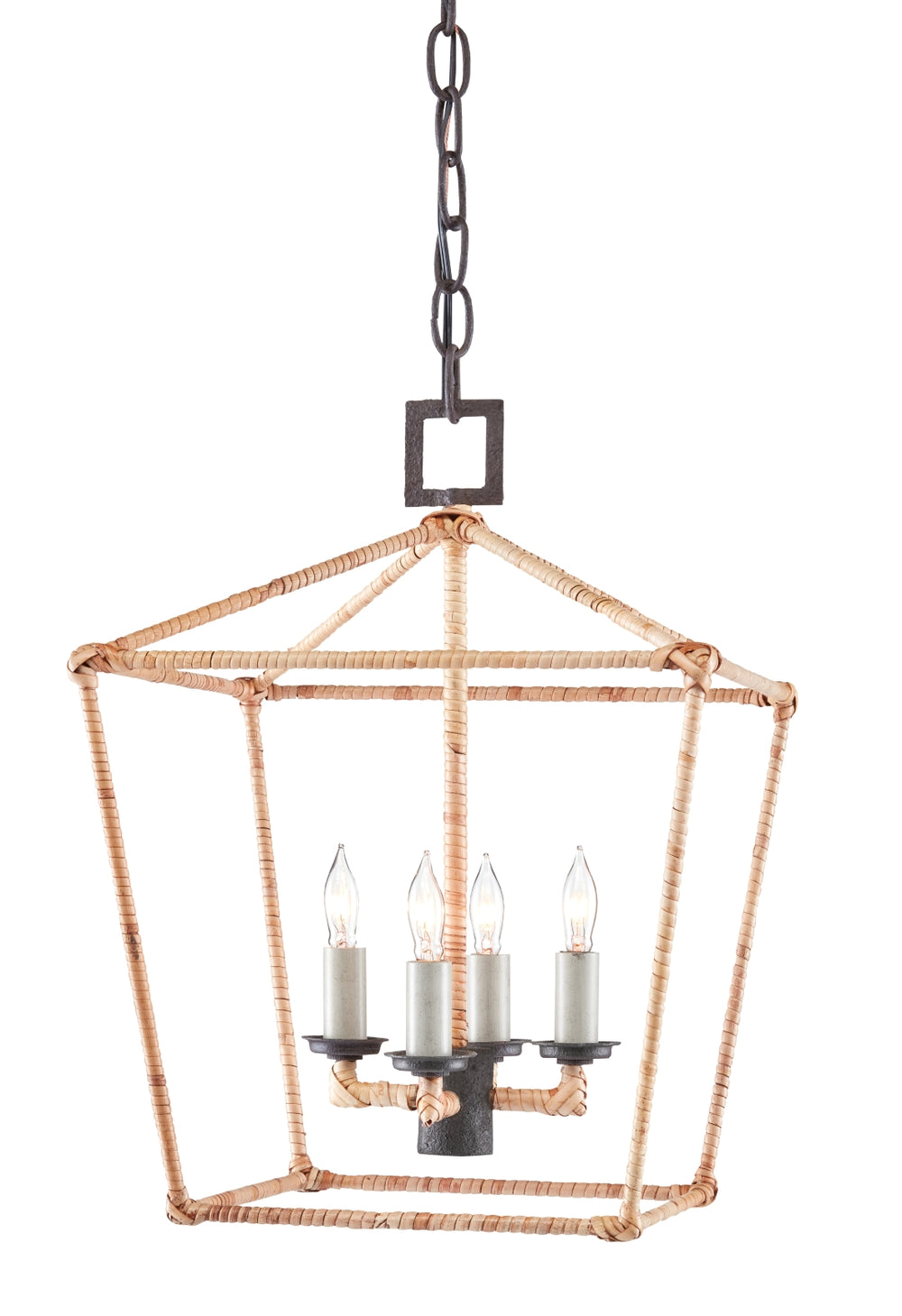 Denison Rattan Small Lantern Chandelier - Elegant Adjustable Wrought Iron Fixture in Mole Black Finish