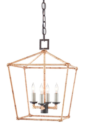 Denison Rattan Small Lantern Chandelier - Elegant Adjustable Wrought Iron Fixture in Mole Black Finish