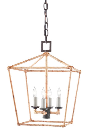 Denison Rattan Small Lantern Chandelier - Elegant Adjustable Wrought Iron Fixture in Mole Black Finish