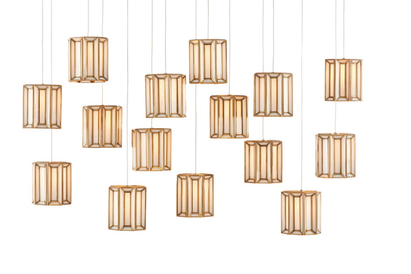Daze Rectangular 15-Light Multi-Drop Pendant in Antique Brass and White Milk Glass for Elegant Spaces