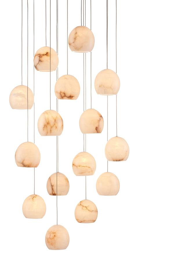 Lazio Round 15-Light Multi-Drop Pendant - Elegant Alabaster Shades with Adjustable Height & Silver Finish