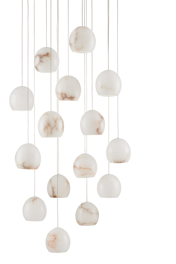 Lazio Round 15-Light Multi-Drop Pendant - Elegant Alabaster Shades with Adjustable Height & Silver Finish