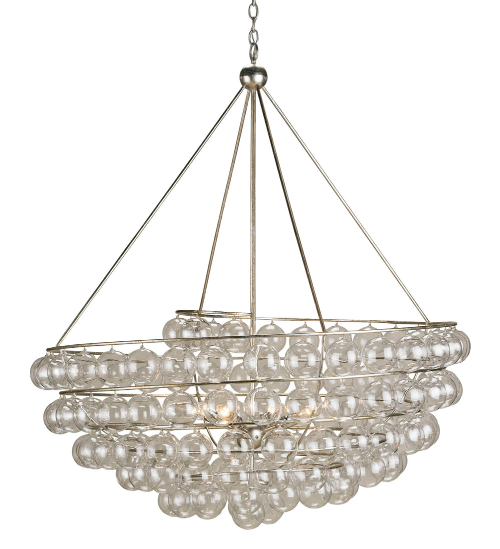 Stratosphere Chandelier: Stunning Blown Glass & Wrought Iron Design with Contemporary Silver Leaf Finish