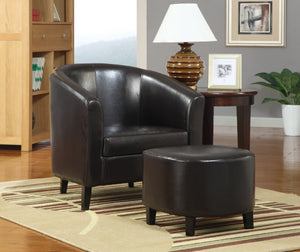 Contemporary Dark Brown Leatherette Accent Chair & Ottoman Set with Barrel Back Design for Comfort