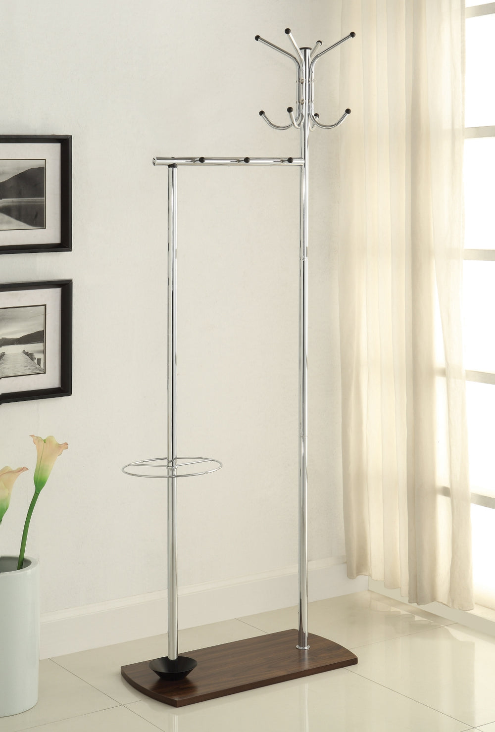 Contemporary Coat Rack with Umbrella Stand - Stylish Chrome & Walnut Design for Entryway Elegance