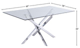 Xander Glass / Stainless Steel Contemporary Chrome Dining Table - 60" W x 36" D x 30" H