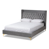 Valery Modern Contemporary Velvet Fabric Upholstered Queen Size Platform Bed with Gold Finished Legs