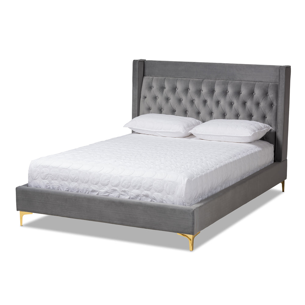 Baxton Studio Valery Modern and Contemporary Dark Gray Velvet Fabric Upholstered King Size Platform Bed with Gold-Finished Legs