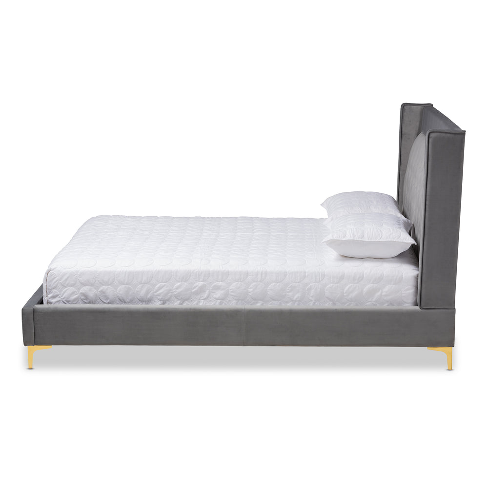 Baxton Studio Valery Modern and Contemporary Dark Gray Velvet Fabric Upholstered King Size Platform Bed with Gold-Finished Legs