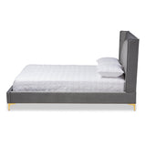 Baxton Studio Valery Modern and Contemporary Dark Gray Velvet Fabric Upholstered Queen Size Platform Bed with Gold-Finished Legs