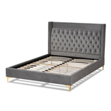 Baxton Studio Valery Modern and Contemporary Dark Gray Velvet Fabric Upholstered Queen Size Platform Bed with Gold-Finished Legs