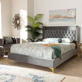 Baxton Studio Valery Modern and Contemporary Dark Gray Velvet Fabric Upholstered King Size Platform Bed with Gold-Finished Legs