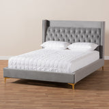 Baxton Studio Valery Modern and Contemporary Dark Gray Velvet Fabric Upholstered Queen Size Platform Bed with Gold-Finished Legs