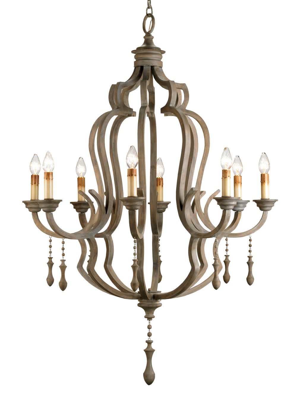 Waterloo Chandelier: Elegant Antique Gray Wood & Iron Design with Graceful Curved Profile & Pendants