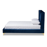 Baxton Studio Valery Modern and Contemporary Navy Blue Velvet Fabric Upholstered Queen Size Platform Bed with Gold-Finished Legs