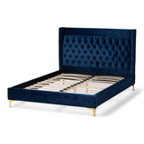 Baxton Studio Valery Modern and Contemporary Navy Blue Velvet Fabric Upholstered Queen Size Platform Bed with Gold-Finished Legs