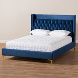 Baxton Studio Valery Modern and Contemporary Navy Blue Velvet Fabric Upholstered Queen Size Platform Bed with Gold-Finished Legs