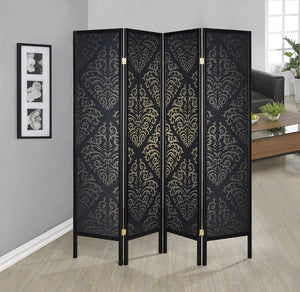 Contemporary 4-panel Damask Pattern Folding Screen Black